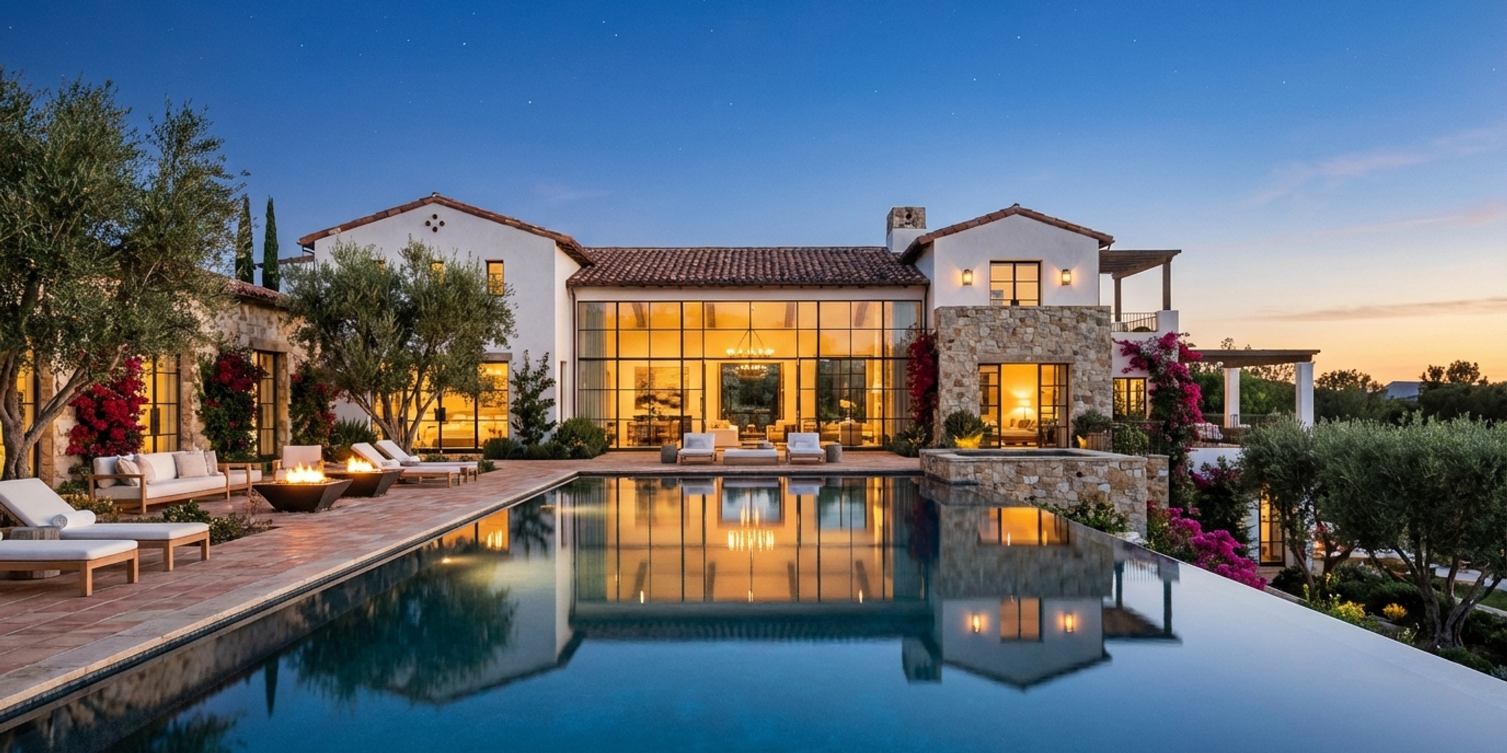 Moderne Spaanse villa met zwembad bij schemering