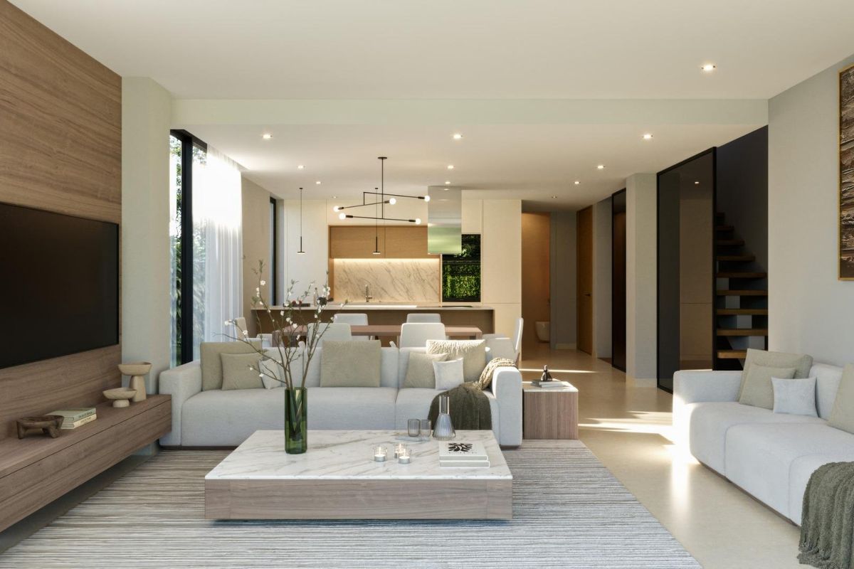 Ruime woonkamer van een moderne 3-slaapkamer villa in Finestrat, met grote ramen en stijlvolle inrichting.