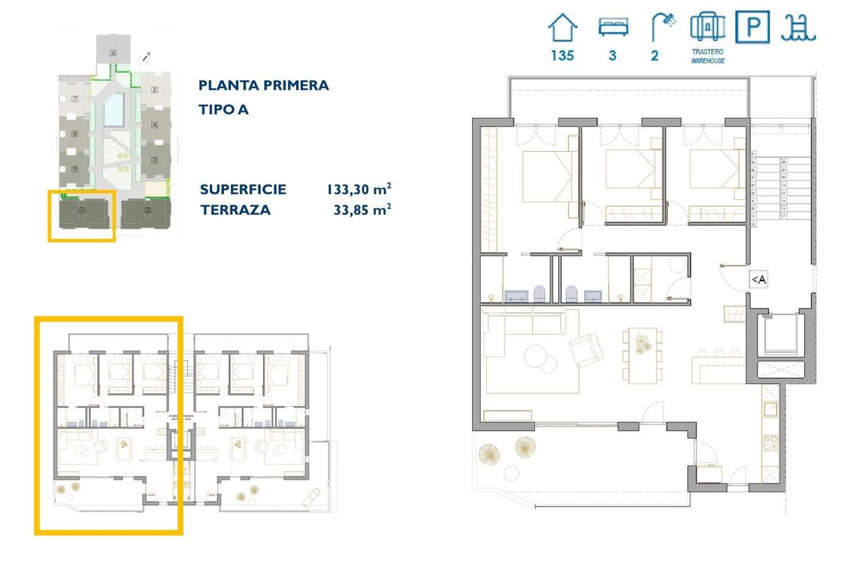 Plattegrond van een 3-slaapkamer appartement in San Pedro del Pinatar, met gedetailleerde indeling en terrasgebied.