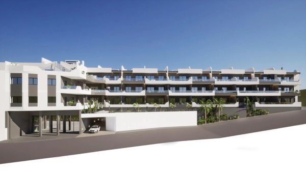Buitenzicht op een modern appartementencomplex in Benijofar, Costa Blanca, met 4-slaapkamer units.