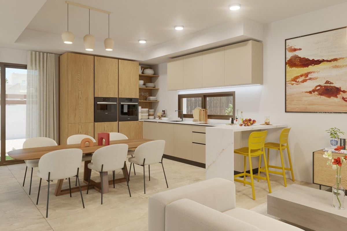 Heldere keuken en eetruimte in een moderne 3-slaapkamer villa, ideaal voor bijeenkomsten in Algorfa, Costa Blanca Zuid.