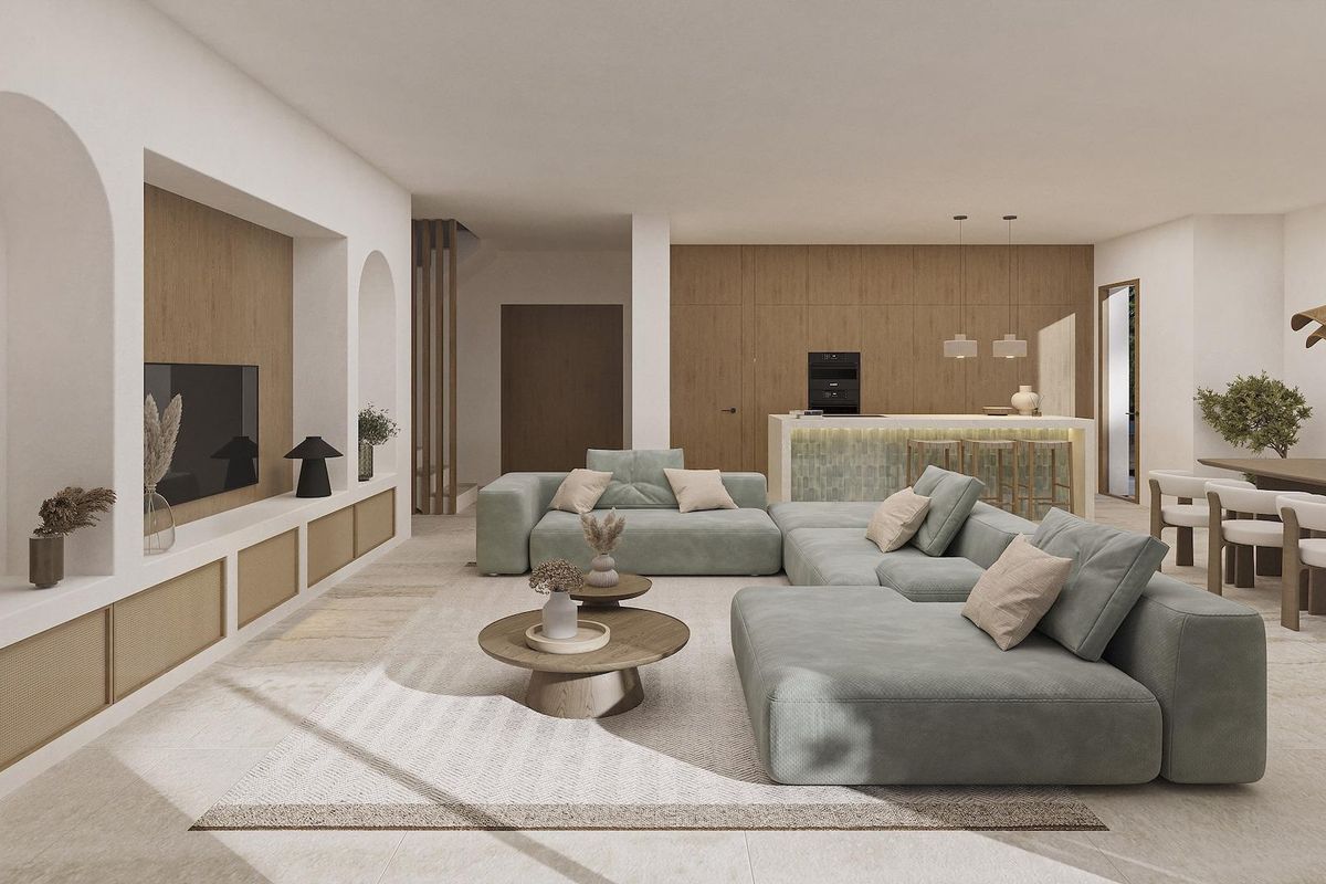 Stijlvolle open woon- en eetruimte in een 4-slaapkamer villa in Benissa, Costa Blanca Noord.