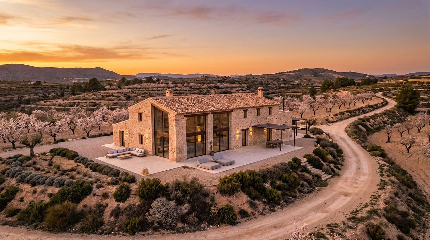 Stenen finca met amandelbomen op het platteland van Murcia bij zonsondergang