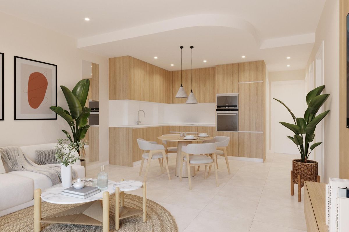 Tegenwoordig keuken genesteld in de woonruimte van het appartement met houten accenten in San Pedro del Pinatar.