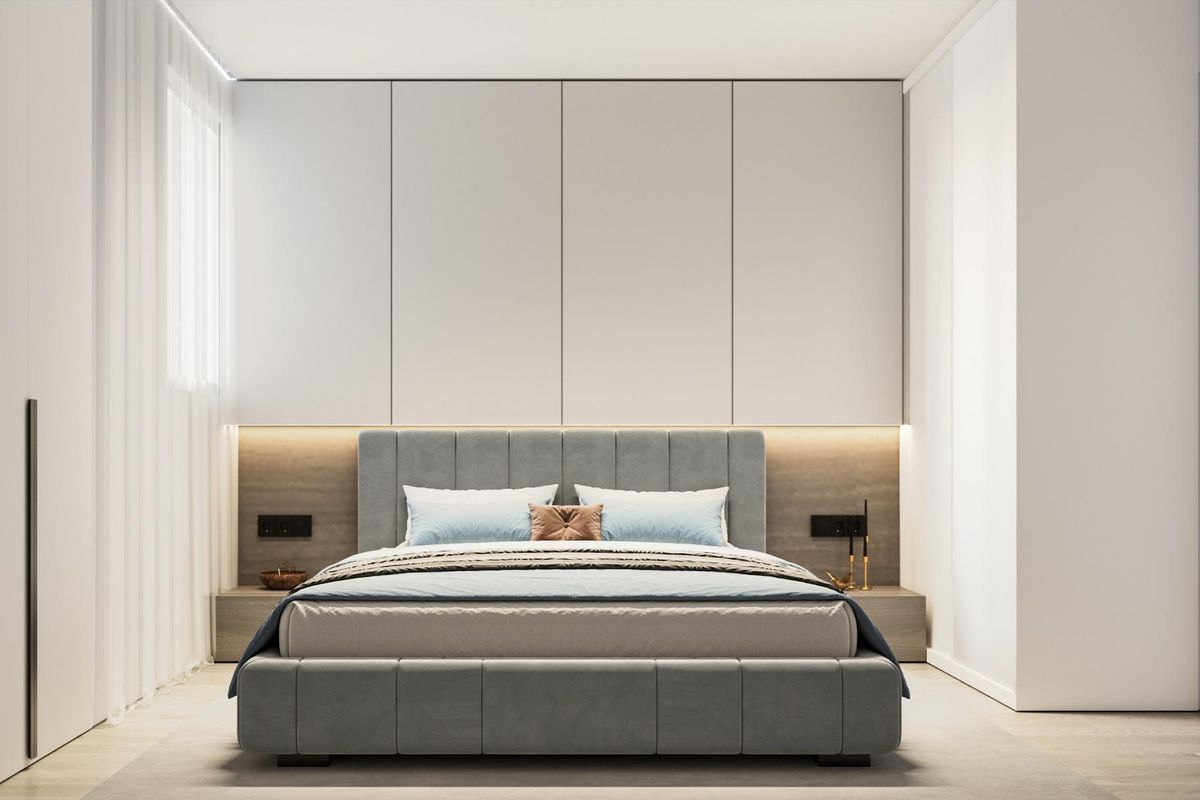 Stijlvolle slaapkamer met moderne meubels en zachte verlichting in een 1-slaapkamer appartement in Torrevieja, Costa Blanca Zuid.