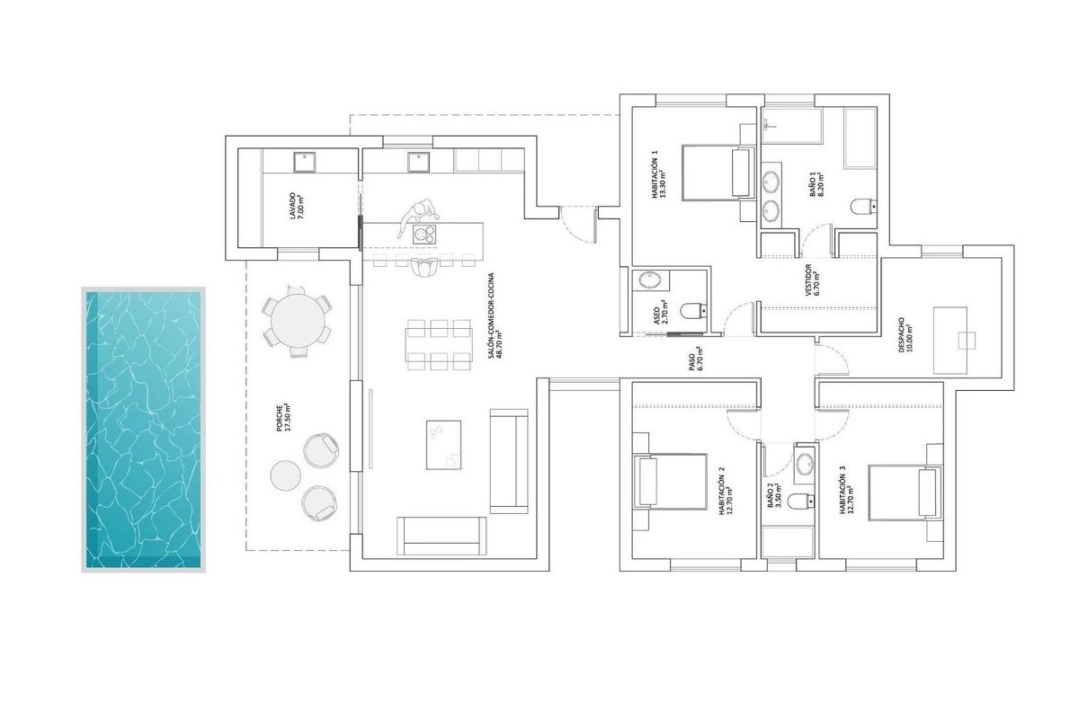 Floor plan of a 4-bed villa in Monforte del Cid, showing layout including living and pool areas.