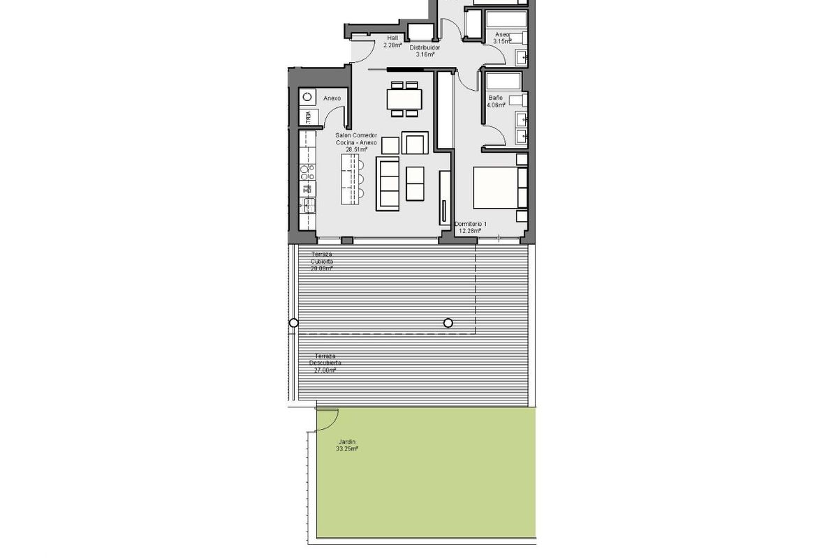 Plattegrond van het appartement op de begane grond met 2 slaapkamers in Torremolinos, met indeling en terras.