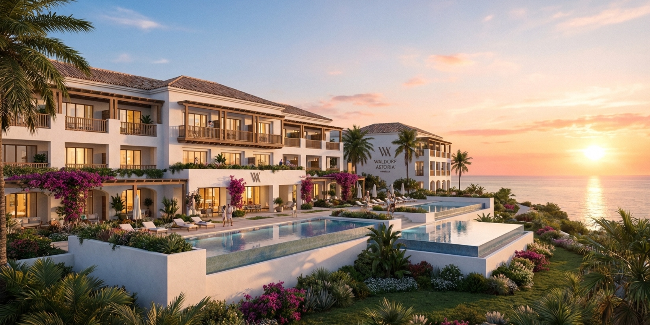 Impressie van de buitenkant van het toekomstige Waldorf Astoria Marbella bij zonsondergang