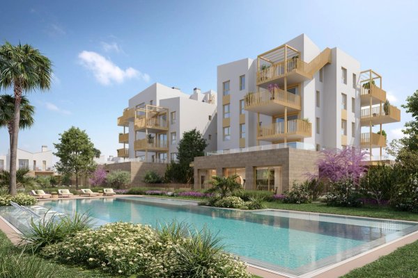 Modern appartementencomplex met zwembad en tuinzicht in El Verger, Costa Blanca Noord, ideaal voor ontspanning.
