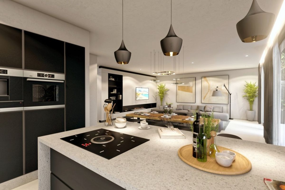 Chique keuken in een 4-slaapkamer villa, met strakke apparatuur en een open ontwerp in Altea, Costa Blanca Noord.