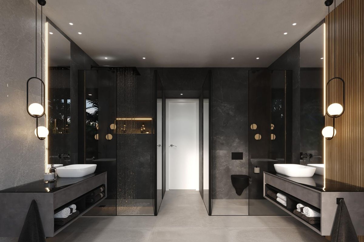 Strakke moderne badkamer met eigentijdse armaturen en een minimalistisch ontwerp, gelegen in een villa in Benalmádena.