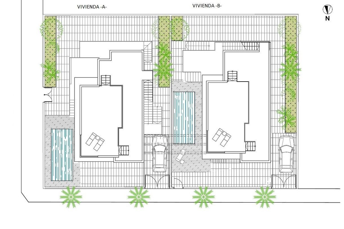 Gedetailleerde plattegrond van een villa in Torrevieja, met de indeling van kamers en buitenruimtes.
