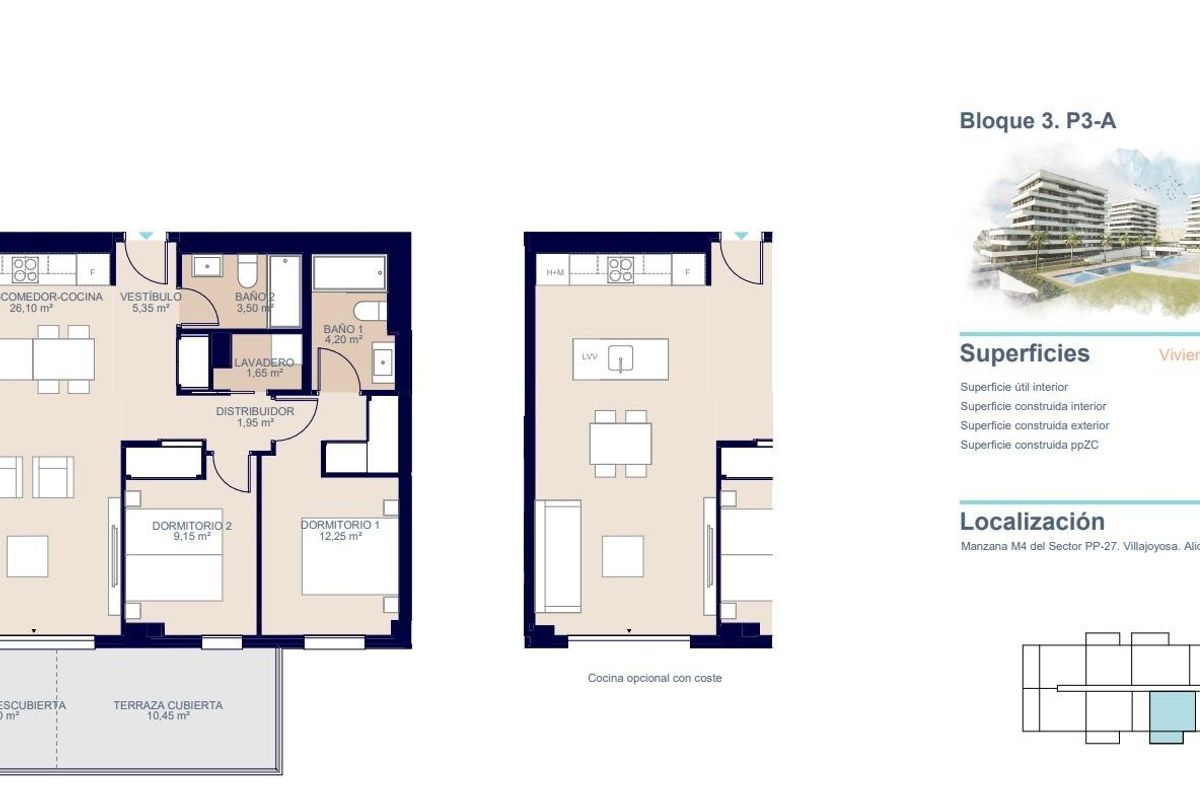 Plattegrond van een 2-slaapkamer appartement in Villajoyosa, met indeling van woonkamer, keuken en terras.