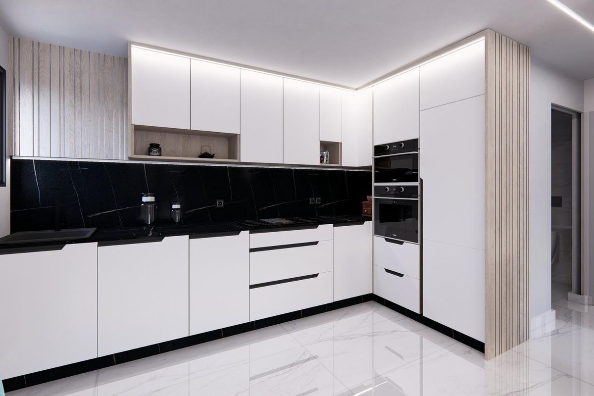 Moderne keuken met strak ontwerp en apparatuur in het appartement, Algorfa, Costa Blanca Zuid.