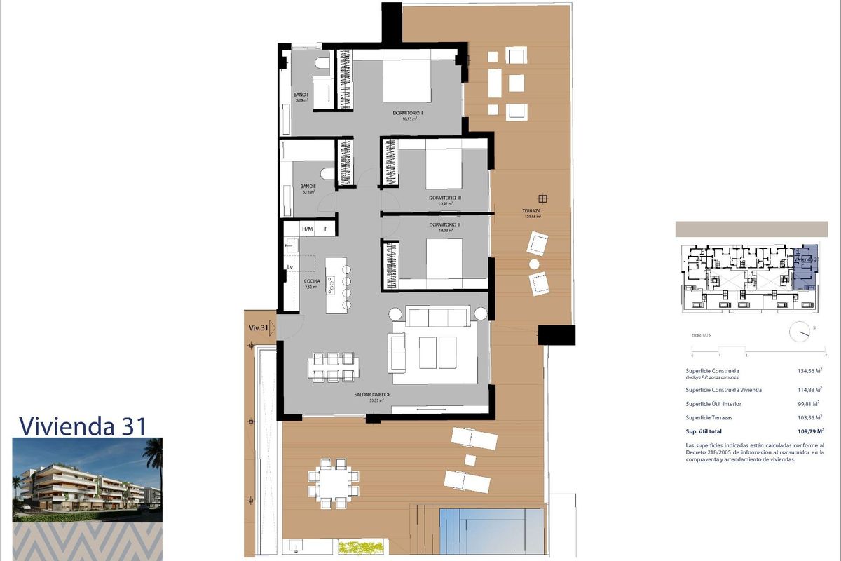 Plattegrond van een goed ontworpen 3-slaapkamer penthouse met ruime woonruimtes in San Pedro De Alcantara.