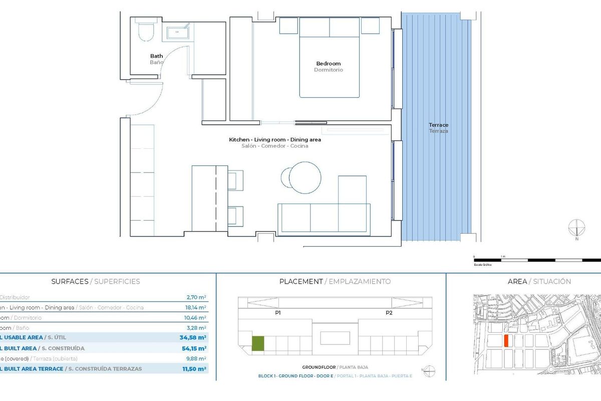 Plattegrond van een 1-slaapkamer appartement in Mijas, met indeling en afmetingen van de woonruimte.