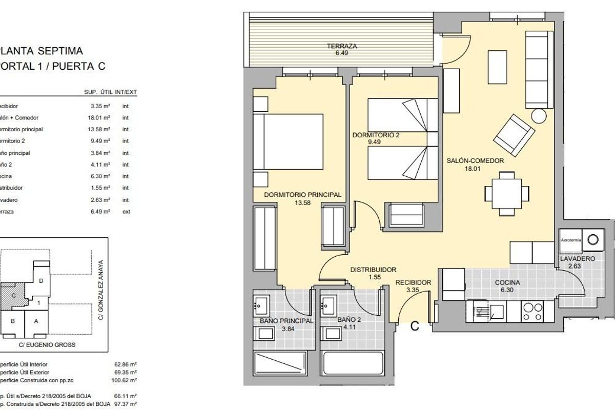 Plattegrond van een 2-slaapkamer appartement, met indeling van woonruimte en keuken in Málaga, Costa del Sol.