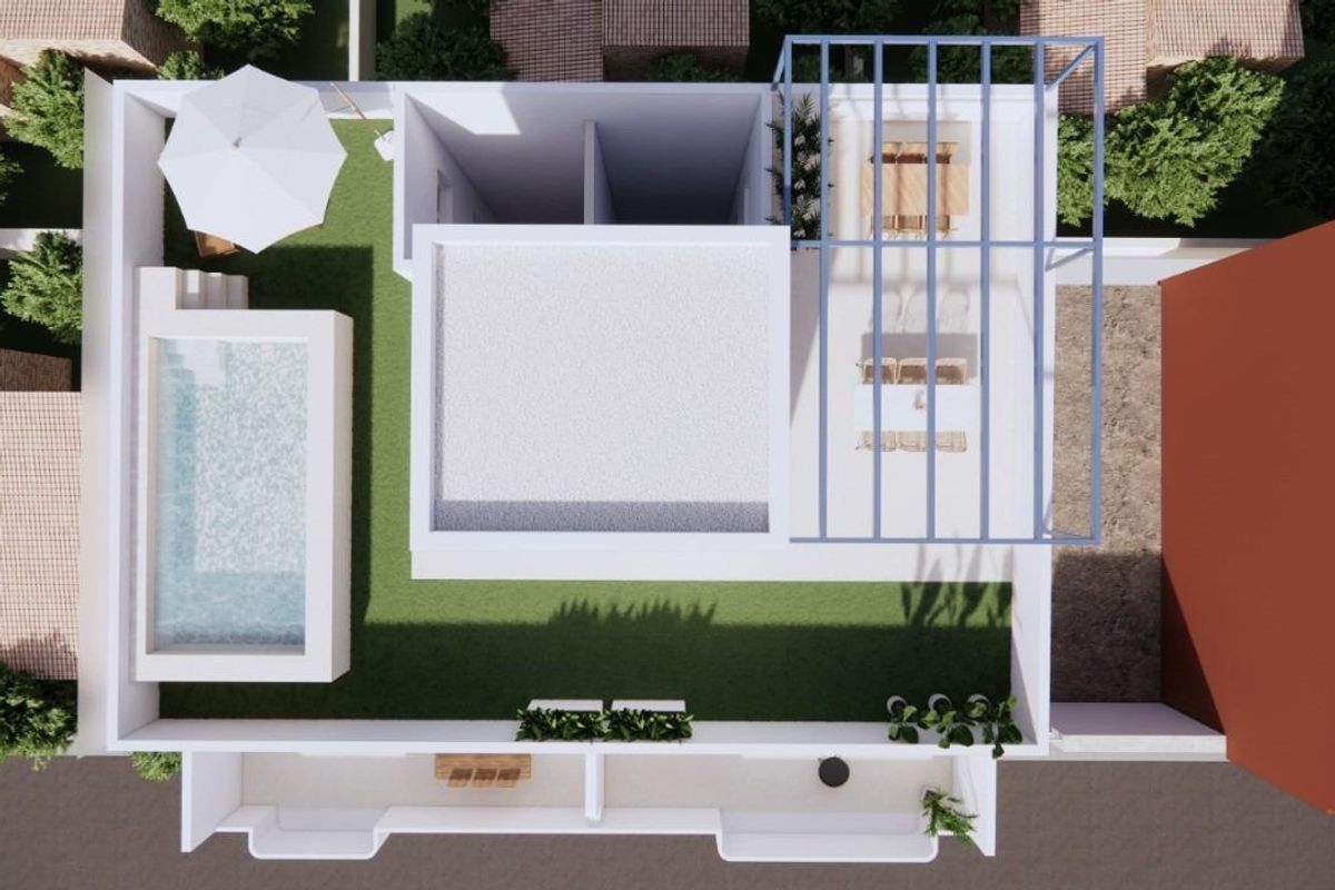 Overzicht van de indeling van de penthouse, met nadruk op buitenruimtes en zwembad in Pilar de La Horadada.