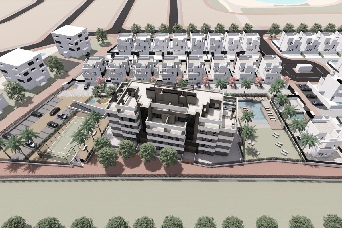 Luchtfoto van het appartementencomplex in Torre Pacheco, met voorzieningen en omliggend groen.