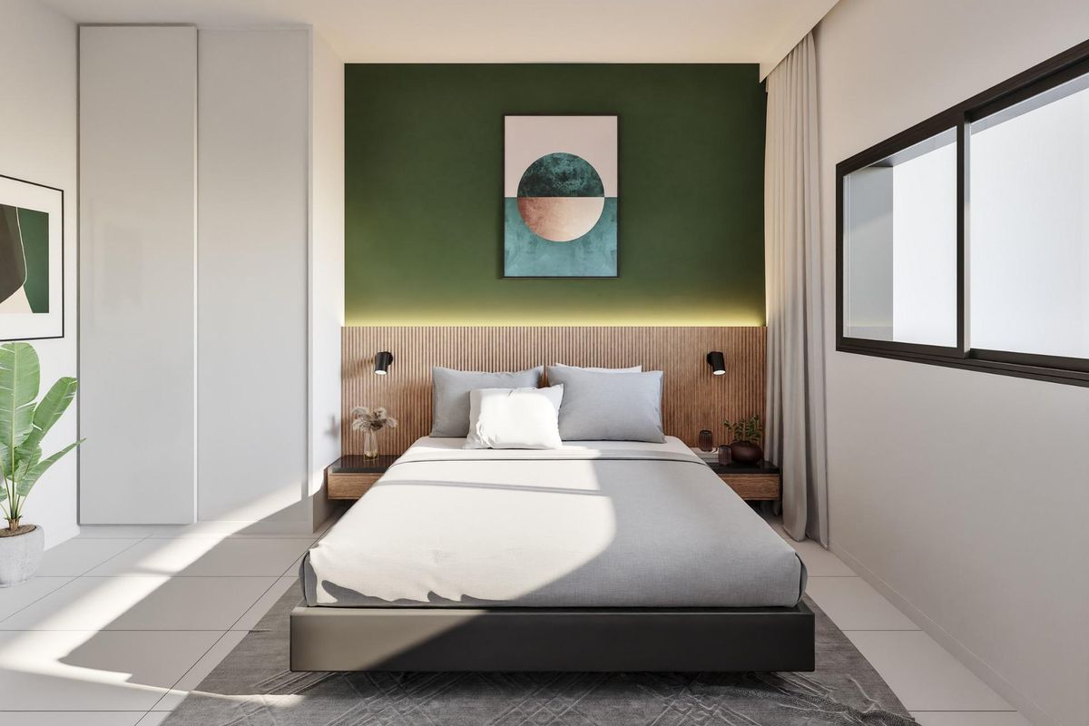 Gezellige slaapkamer met minimalistische inrichting en natuurlijk licht in een 3-slaapkamerappartement in San Miguel de Salinas.