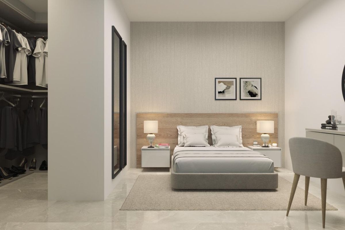 Elegante slaapkamer met voldoende opbergruimte in 2-slaapkamer penthouse, Torrevieja, perfect om te ontspannen.