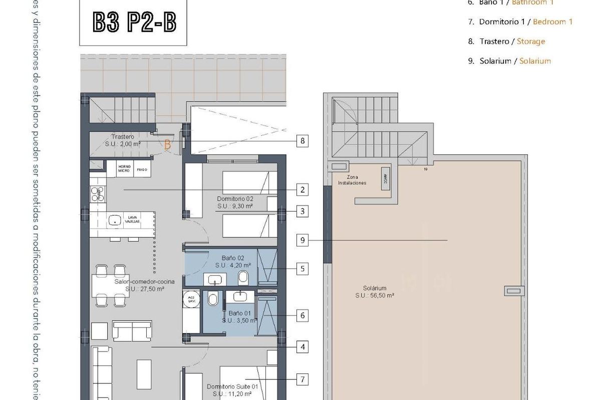 Plattegrond van de 2-slaapkamer penthouse in Los Alcazares, met details over afmetingen en indeling.