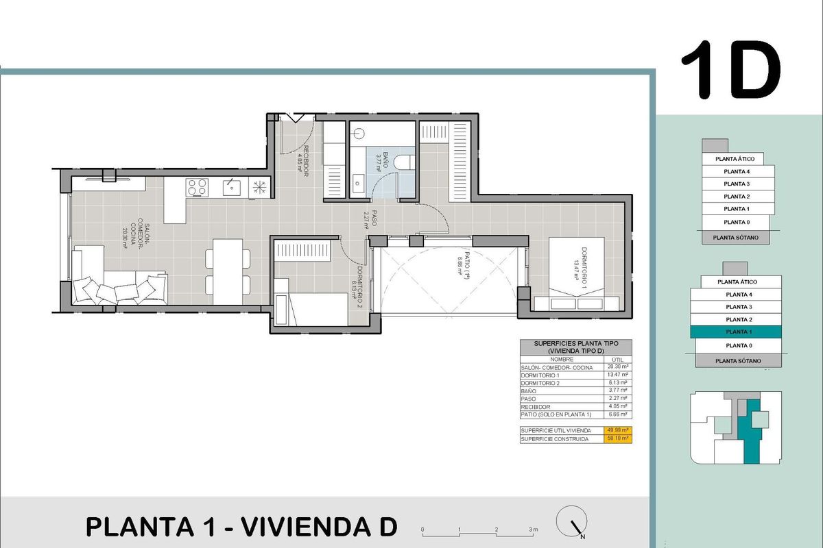 Plattegrond van een 2-slaapkamer appartement in Torrevieja, Costa Blanca Zuid, met belangrijke kamers.