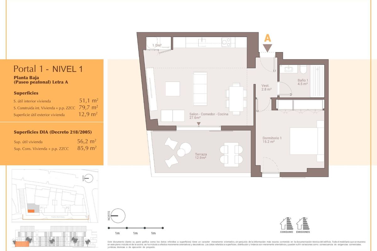 Plattegrond van een 1-slaapkamer appartement op de begane grond in San Pedro De Alcantara, Costa del Sol.