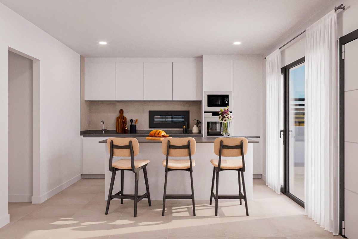 Contemporary keuken in de villa met strakke kasten en ontbijtbark, gelegen in Fuente Álamo.