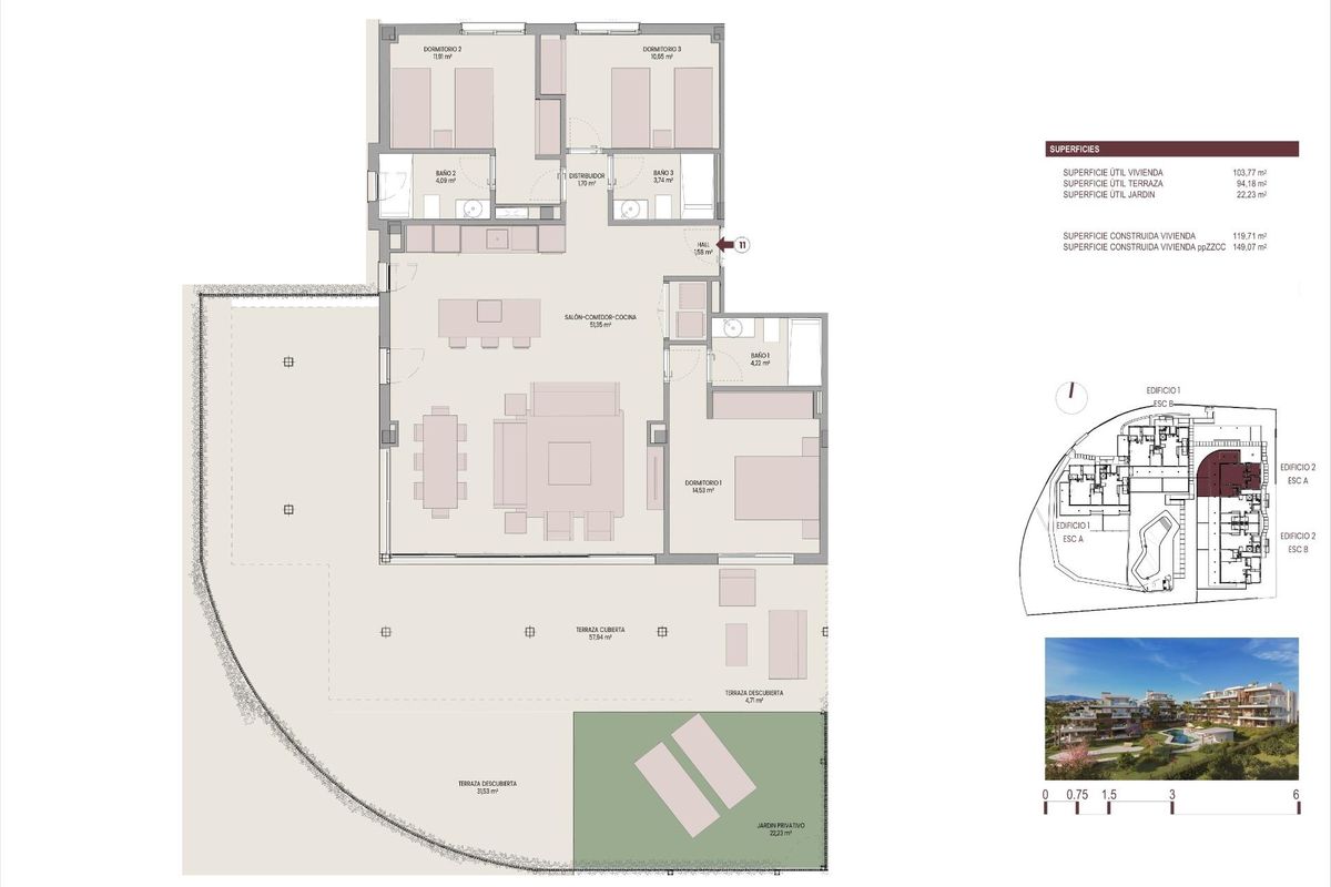 Plattegrond van een 3-slaapkamer appartement met indeling en ontwerpdetails in Estepona, Costa del Sol.