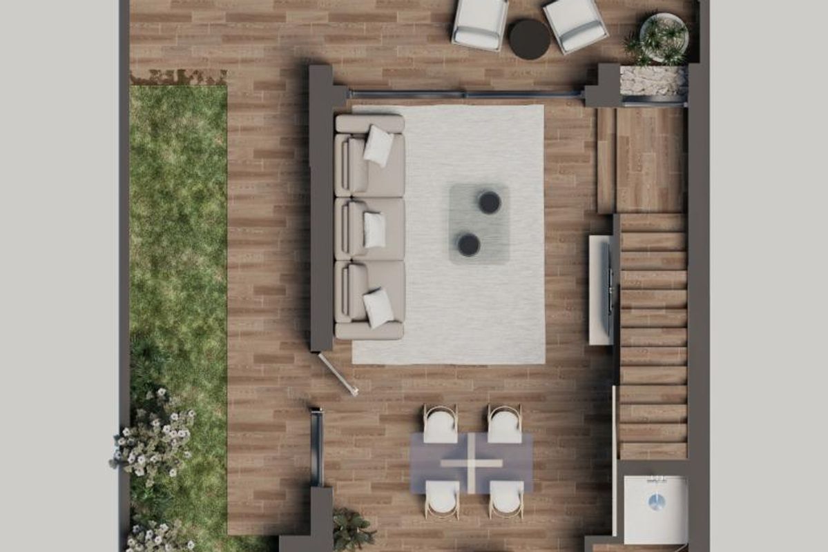 Plattegrond van een 3-slaapkamer villa in San Pedro del Pinatar, met een open woonkamer en buitenruimtes.