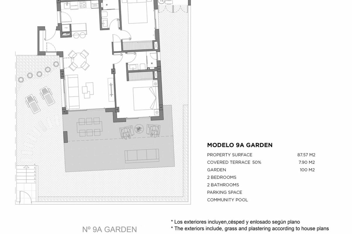 Plattegrond van een modern 2-slaapkamer appartement met tuin in Los Alcazares, Costa Calida.