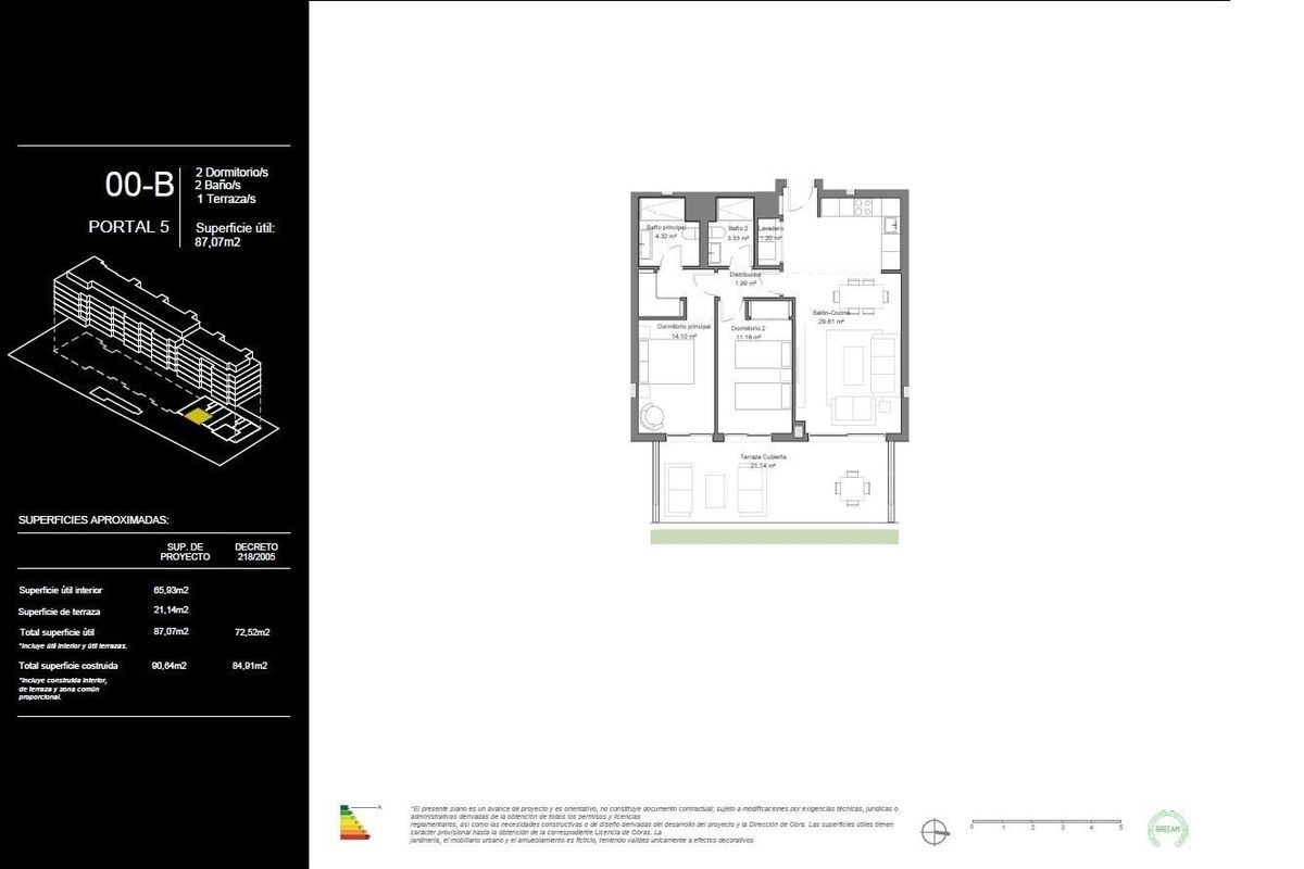 Plattegrond van een 2-slaapkamer appartement, lay-out in een woning in Torremolinos.