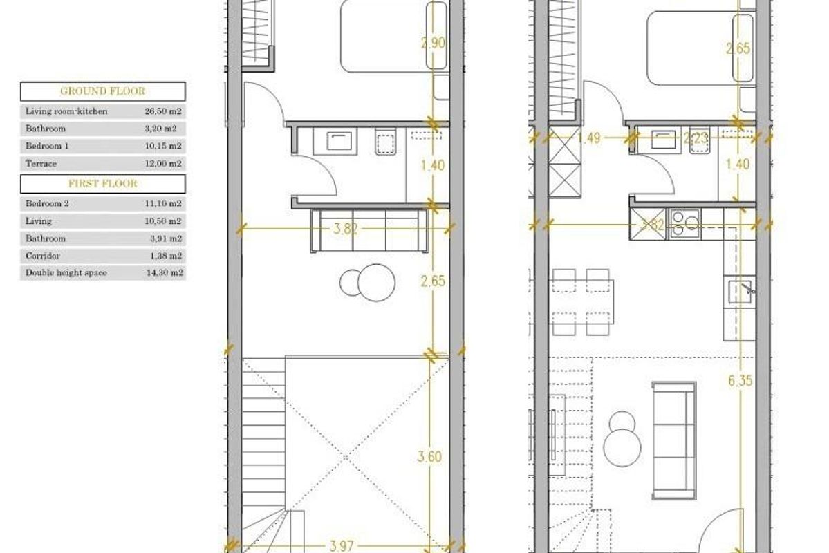 Plattegrond van een 2-slaapkamer townhouse in Orihuela Costa, met woonruimtes en terras.