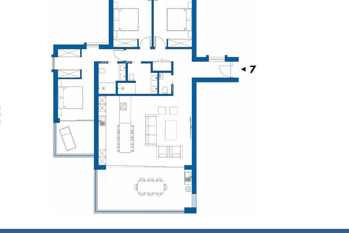 Plattegrond van een 3-slaapkamer appartement in Estepona, Costa del Sol, met ruime woonruimtes en een terras.
