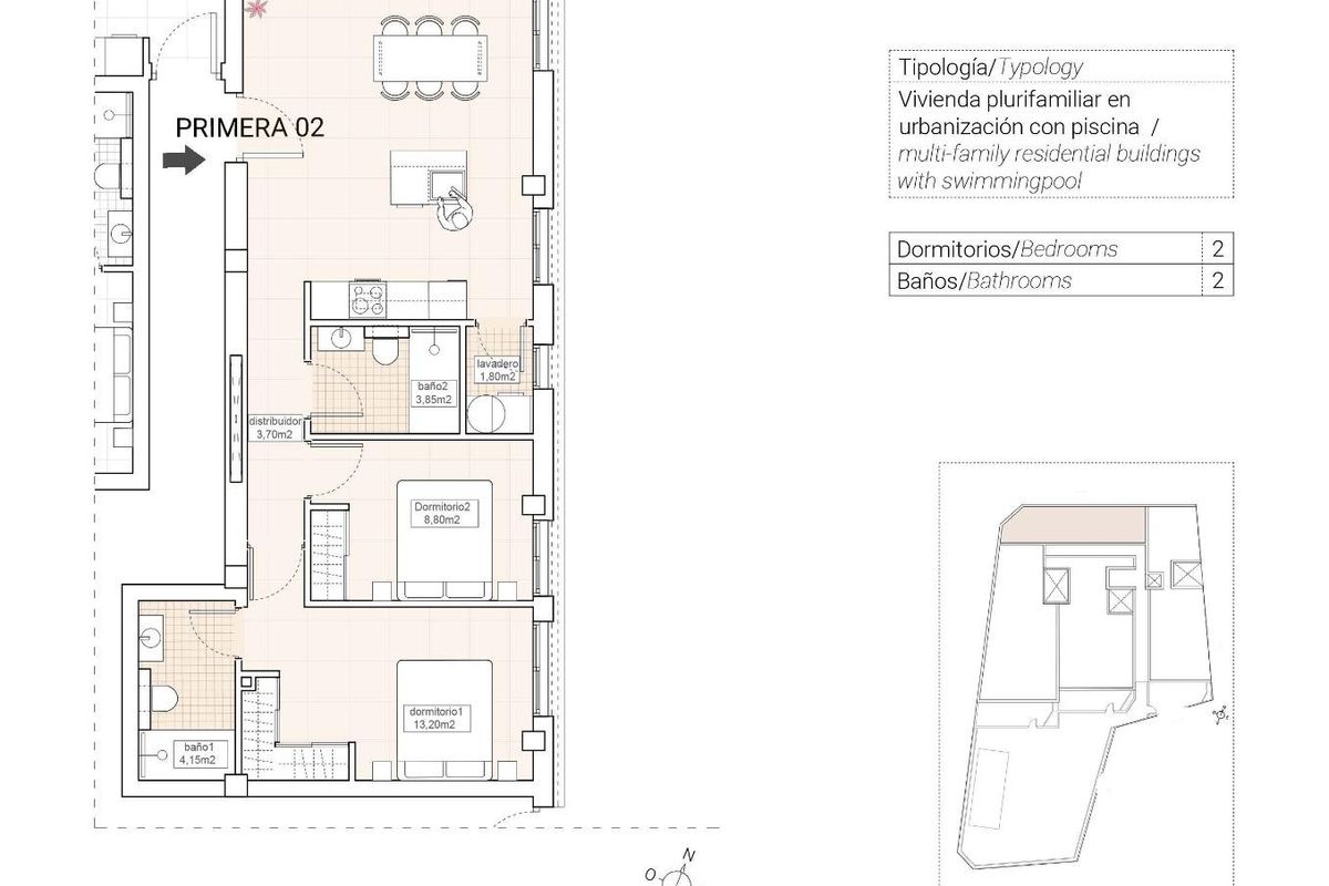 Plattegrond van een 2-slaapkamer appartement in Hondón de las Nieves, met details van ruimtes en afmetingen.