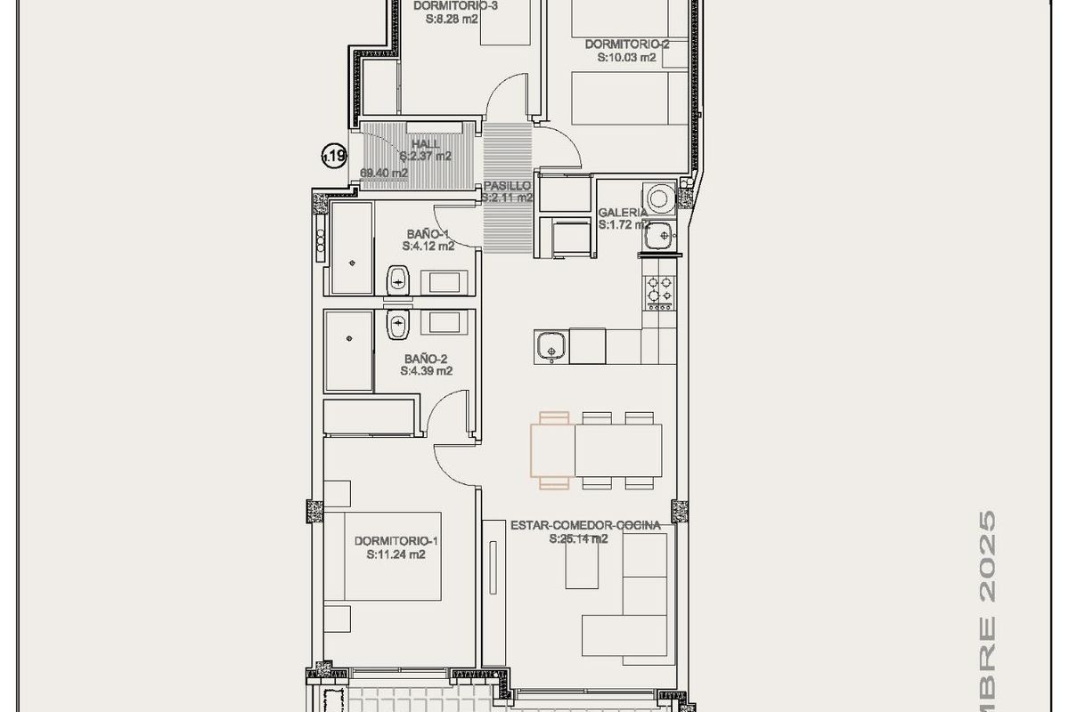 Plattegrond van een 3-slaapkamer appartement op de begane grond met ruime indeling en terras in Torrevieja.