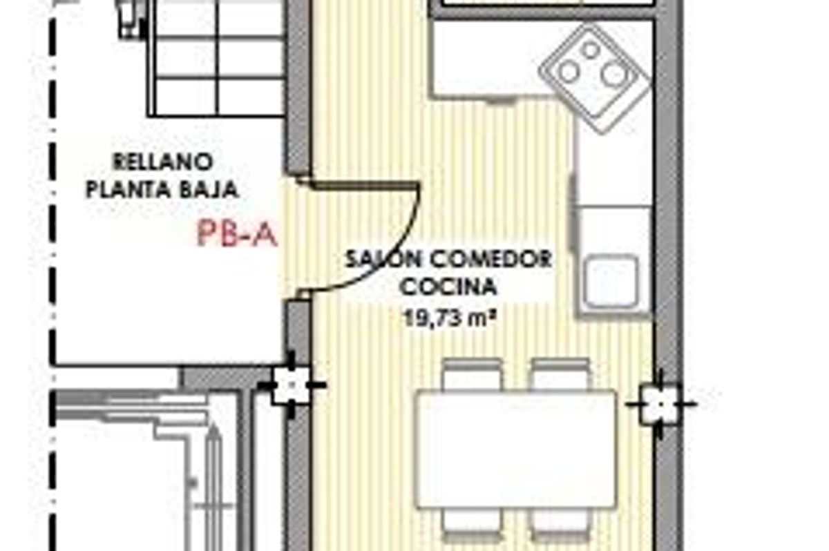 Plattegrond van een 1-slaapkamer appartement op de begane grond met woonruimte en terras, gelegen in Torrevieja, Costa Blanca.