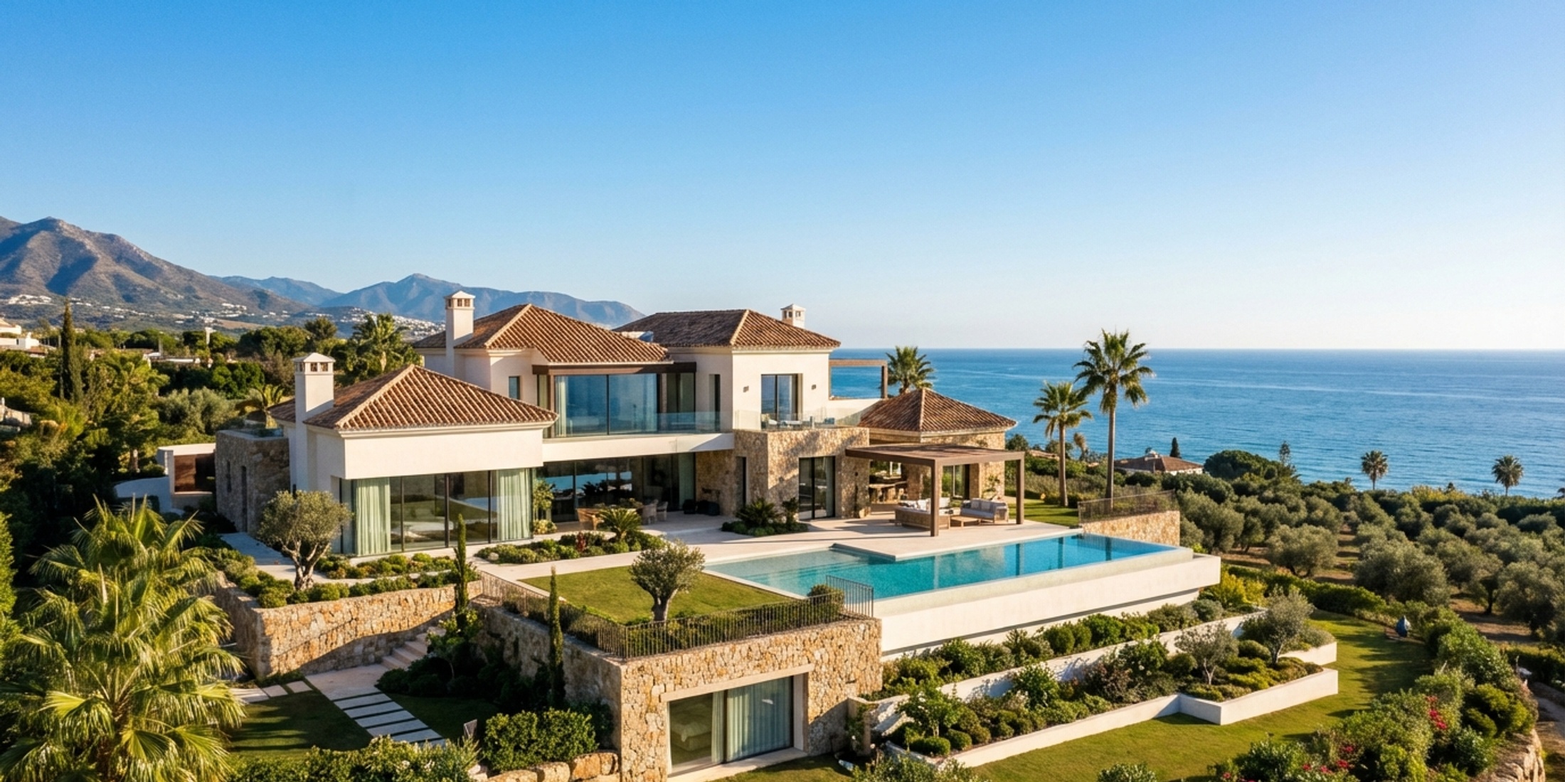 Panoramisch uitzicht op een luxe villa in Marbella met uitzicht op de Middellandse Zee
