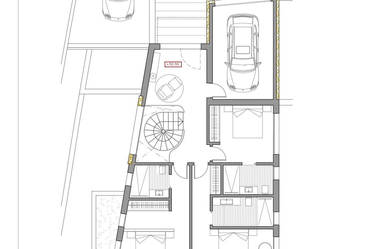 Indeling van de eerste verdieping van een 4-slaapkamer villa in Moraira, met slaapkamers en gemeenschappelijke ruimtes.