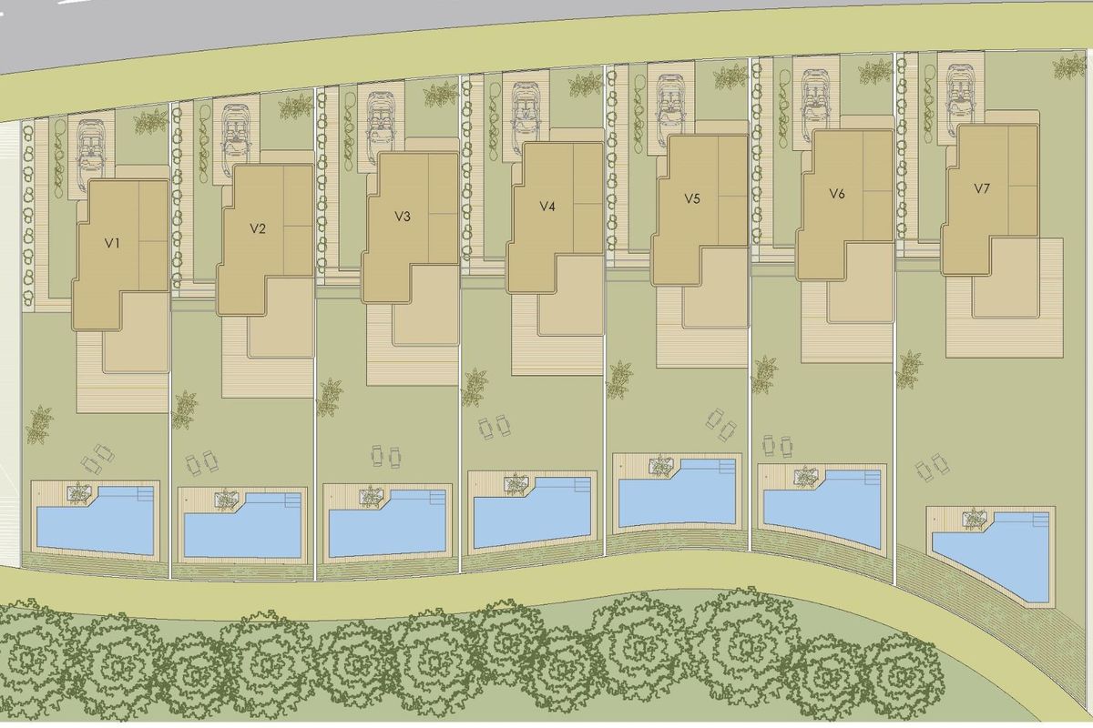 Luchtopname van de geplande villa-indeling met gemeenschappelijk zwembad en tuinen in Pilar de La Horadada.