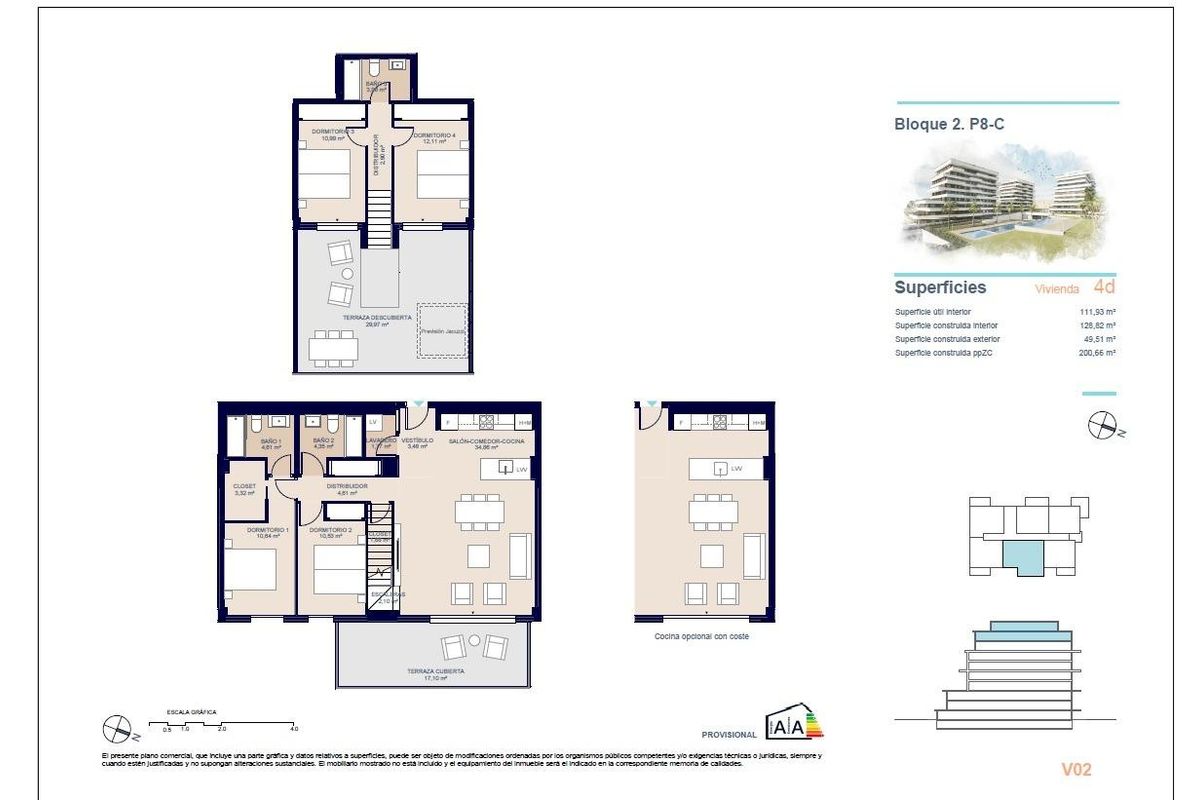 Gedetailleerde plattegrond van een 4-slaapkamer penthouse, layout in Villajoyosa, Costa Blanca Noord.