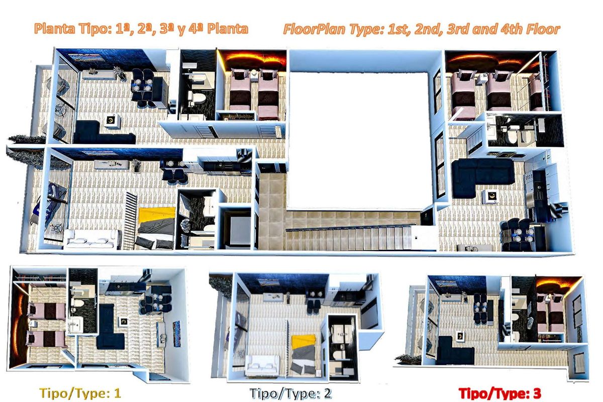 Gedetailleerde plattegrond van een appartement in Torrevieja, met meerdere indelingen en configuraties.