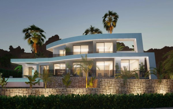 Buitenzicht op een moderne villa met 4 slaapkamers in Benissa, Costa Blanca, met palmbomen en architectuur.