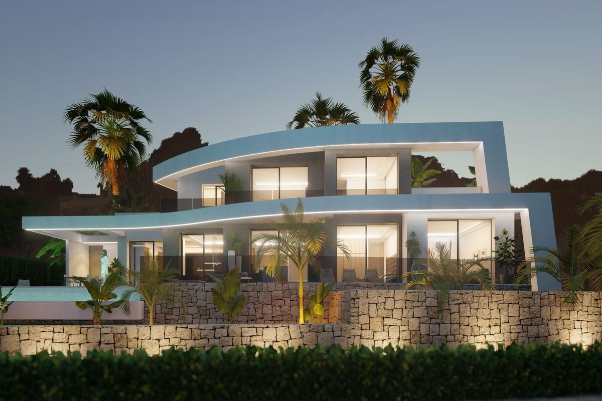 Buitenzicht op een moderne villa met 4 slaapkamers in Benissa, Costa Blanca, met palmbomen en architectuur.