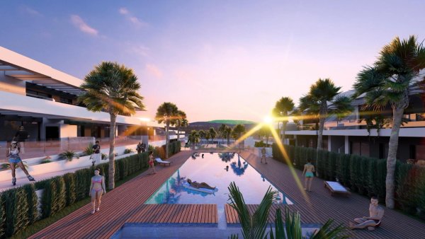 Zwembad van een modern complex in Algorfa, Spanje, met palmbomen en uitzicht op de zonsondergang.