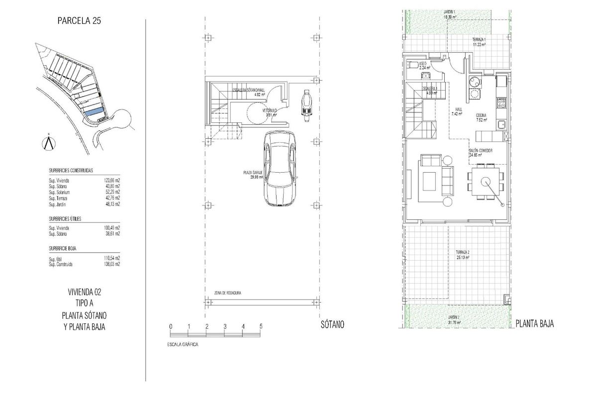 Gedetailleerde plattegrond voor een 3-slaapkamer herenhuis in Manilva, illustreert woonruimtes.