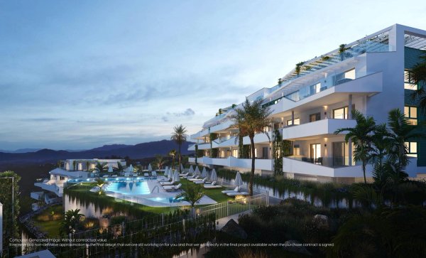 Buitenaanzicht van een modern appartementencomplex met een zwembad in Mijas, Costa del Sol.