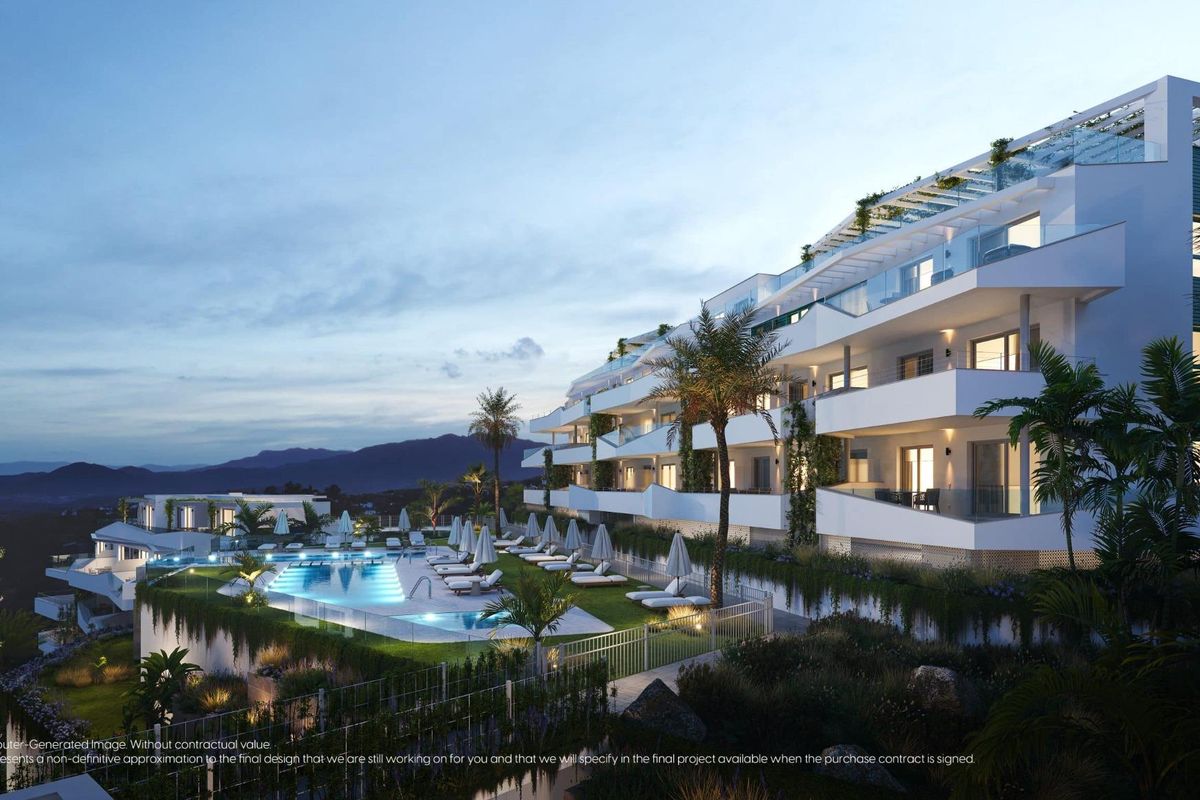 Modern appartementencomplex met zwembad, tuinen en schilderachtige uitzichten in Mijas, Costa del Sol.