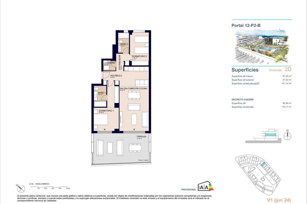 Plattegrond van een 2-slaapkamer appartement in Estepona, met indeling van slaapkamers, badkamer en woonkamer.
